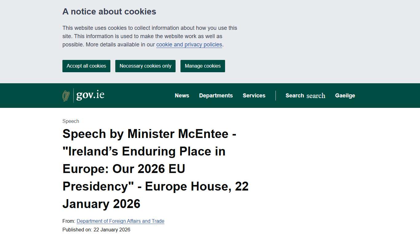 Speech by Minister McEntee - "Ireland’s Enduring Place in Europe: Our 2026 EU Presidency" - Europe House, 22 January 2026